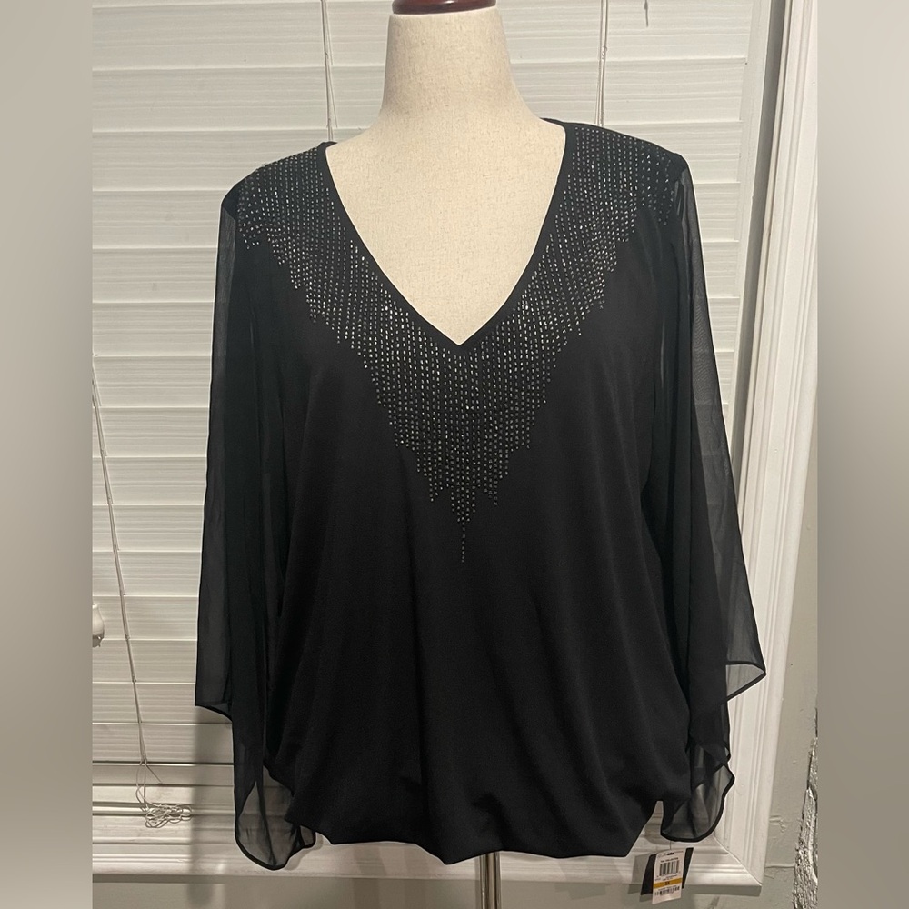 ALFANI Black‎ Embellished V-Neck Blouse